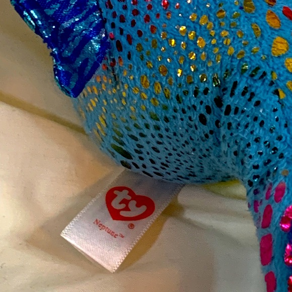TY Beanie Babies Boos Neptune Rainbow Seahorse Blue Foil 6" Plush Stuffed Toy - Picture 8 of 9
